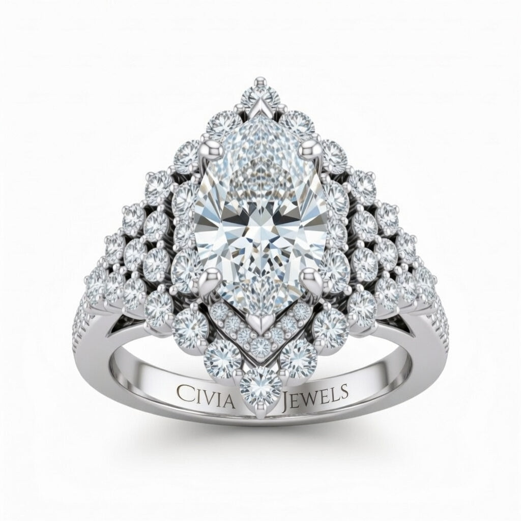 White Gold Marquise Cut Engagement Ring With Diamond Cluster Sides, Double Halo Frame And Pavé Shank