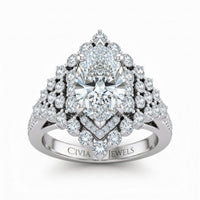White Gold Marquise Cut Engagement Ring With Diamond Cluster Sides, Double Halo Frame And Pavé Shank