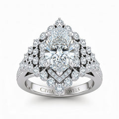 White Gold Marquise Cut Engagement Ring With Diamond Cluster Sides, Double Halo Frame And Pavé Shank