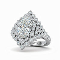 White Gold Marquise Cut Engagement Ring With Diamond Cluster Sides, Double Halo Frame And Pavé Shank
