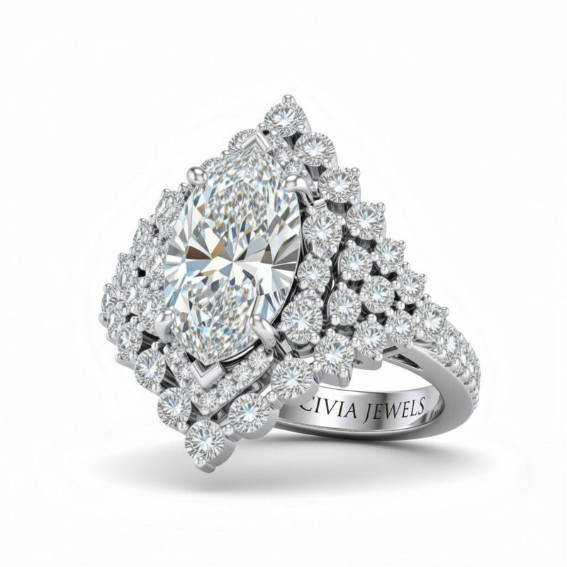 Silver Marquise Cut Engagement Ring With Diamond Cluster Sides, Double Halo Frame And Pavé Shank
