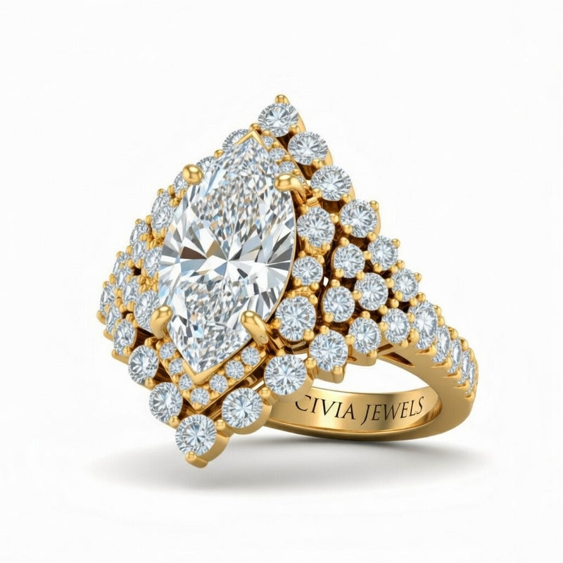 Yellow Gold Marquise Cut Engagement Ring With Diamond Cluster Sides, Double Halo Frame And Pavé Shank
