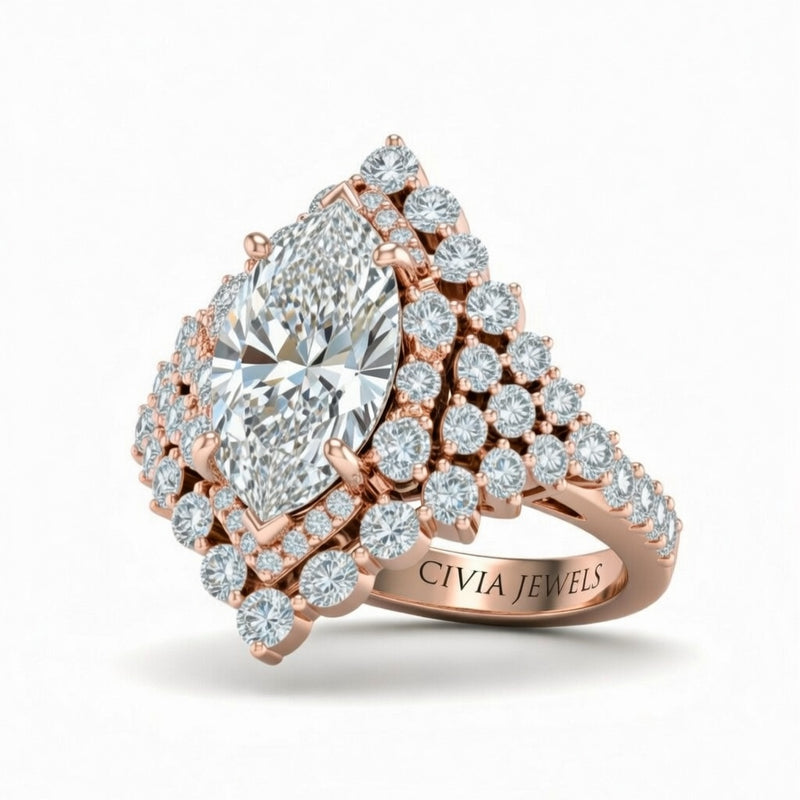 Rose Gold Marquise Cut Engagement Ring With Diamond Cluster Sides, Double Halo Frame And Pavé Shank