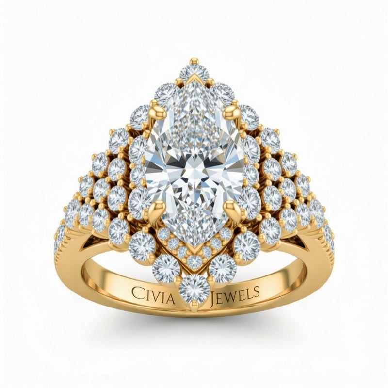 Yellow Gold Marquise Cut Engagement Ring With Diamond Cluster Sides, Double Halo Frame And Pavé Shank