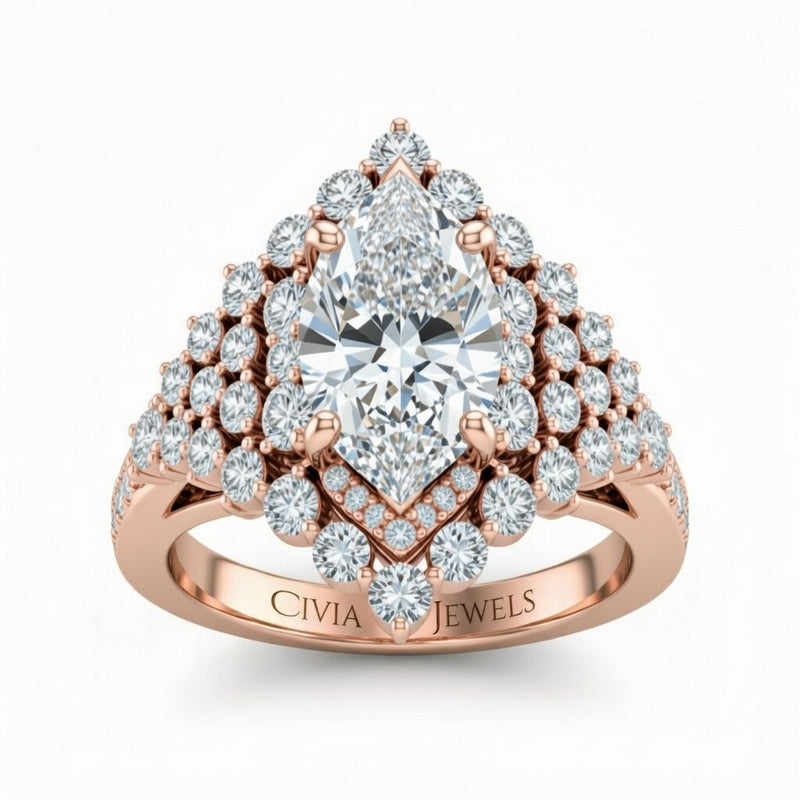 Rose Gold Marquise Cut Engagement Ring With Diamond Cluster Sides, Double Halo Frame And Pavé Shank