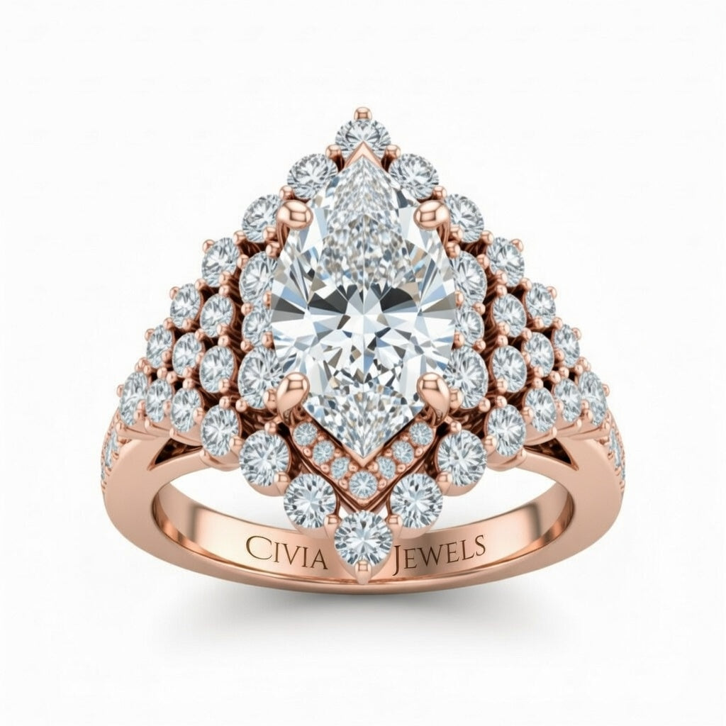 Rose Gold Marquise Cut Engagement Ring With Diamond Cluster Sides, Double Halo Frame And Pavé Shank