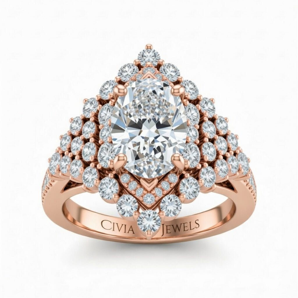 Rose Gold Oval Cut Engagement Ring With Diamond Cluster Sides, Double Halo Frame And Pavé Shank