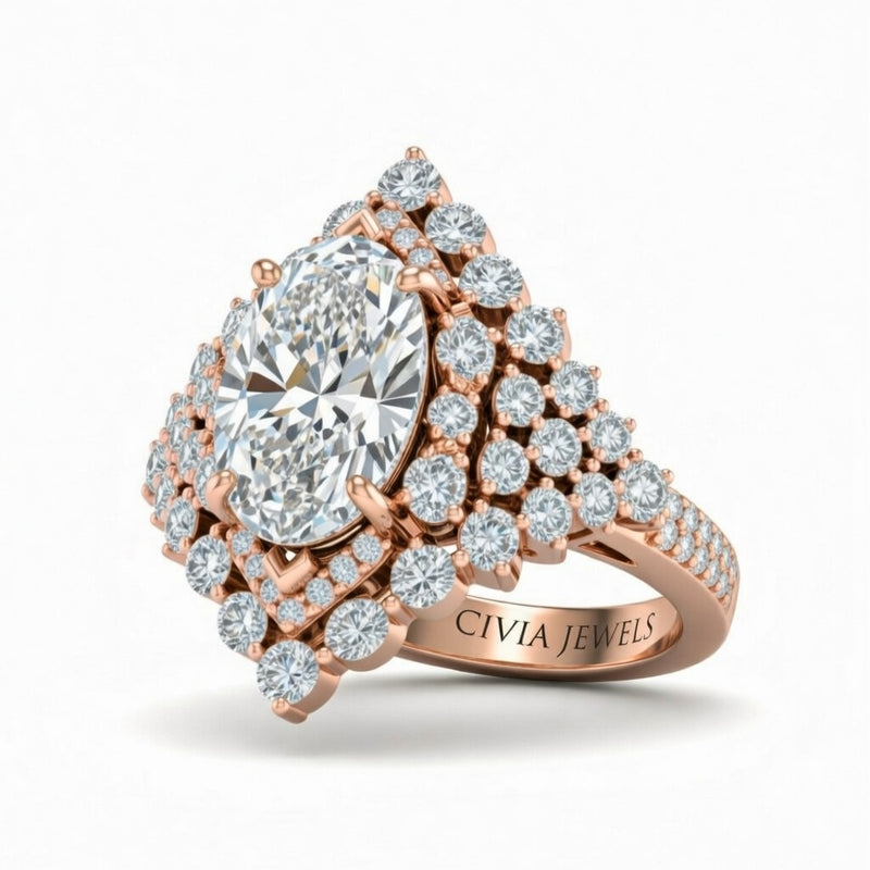 Rose Gold Oval Cut Engagement Ring With Diamond Cluster Sides, Double Halo Frame And Pavé Shank