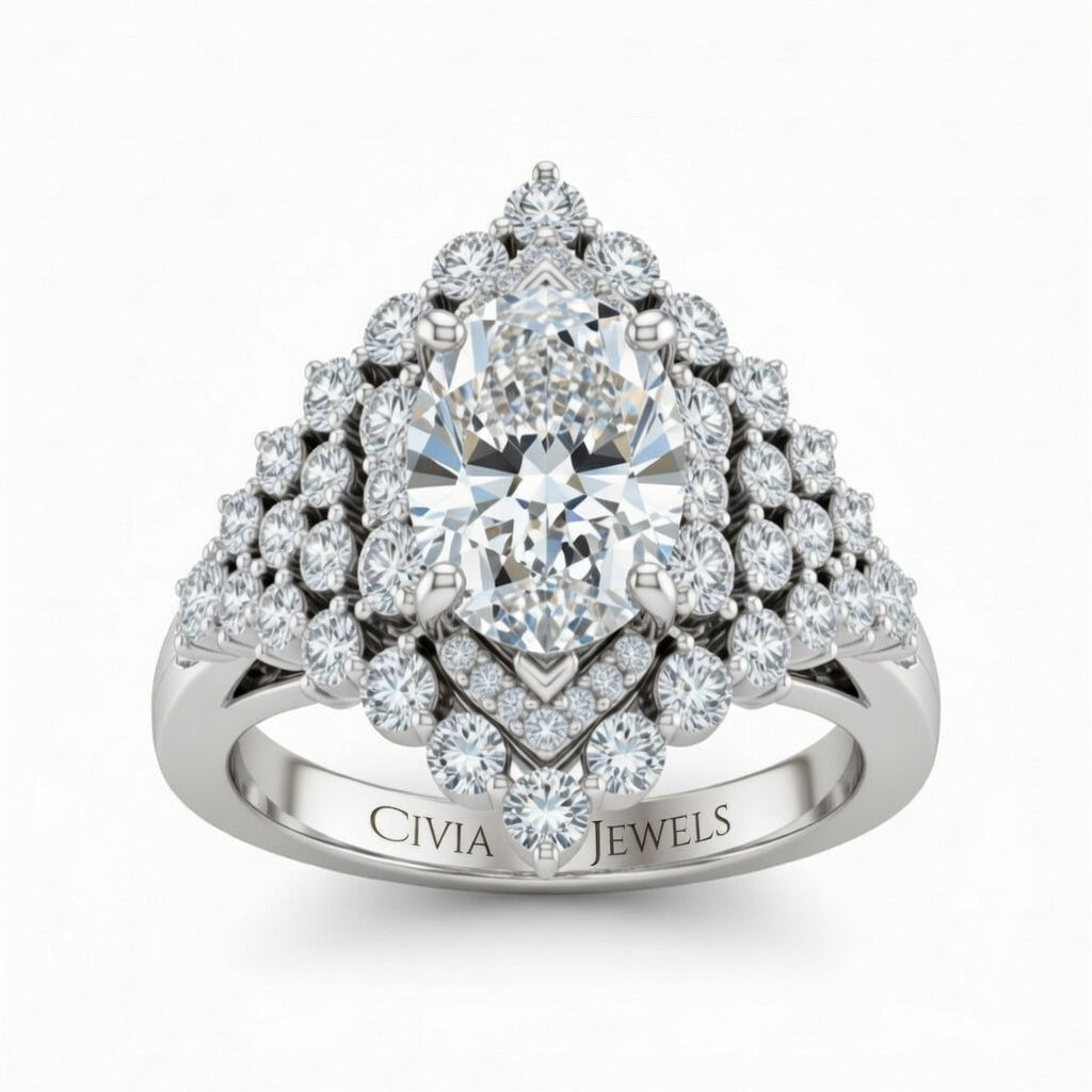 White Gold Oval Cut Engagement Ring With Diamond Cluster Sides, Double Halo Frame And Pavé Shank