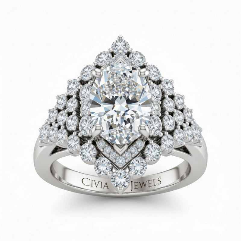 Silver Oval Cut Engagement Ring With Diamond Cluster Sides, Double Halo Frame And Pavé Shank