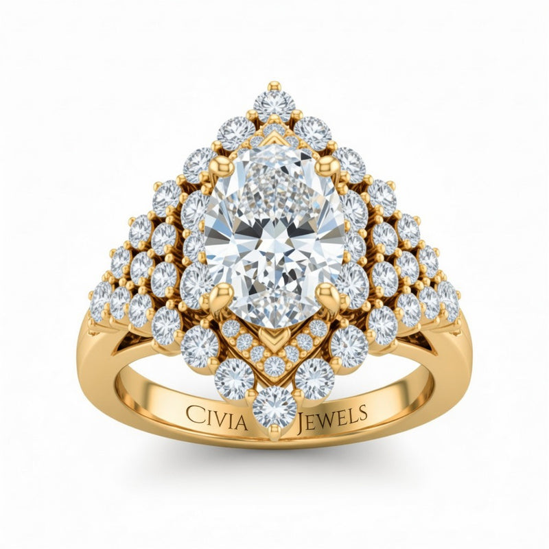 Yellow Gold Oval Cut Engagement Ring With Diamond Cluster Sides, Double Halo Frame And Pavé Shank