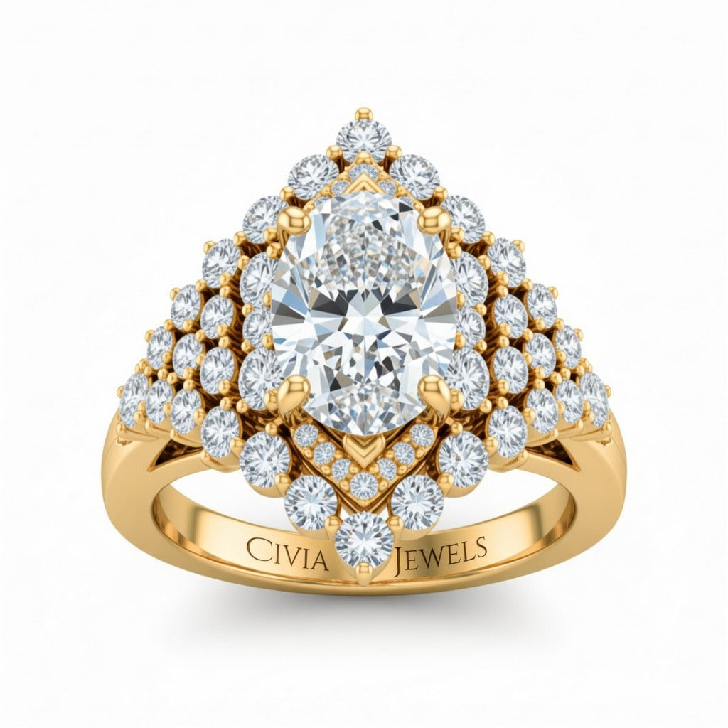 Yellow Gold Oval Cut Engagement Ring With Diamond Cluster Sides, Double Halo Frame And Pavé Shank