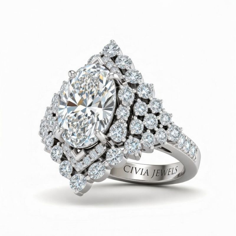 Silver Oval Cut Engagement Ring With Diamond Cluster Sides, Double Halo Frame And Pavé Shank