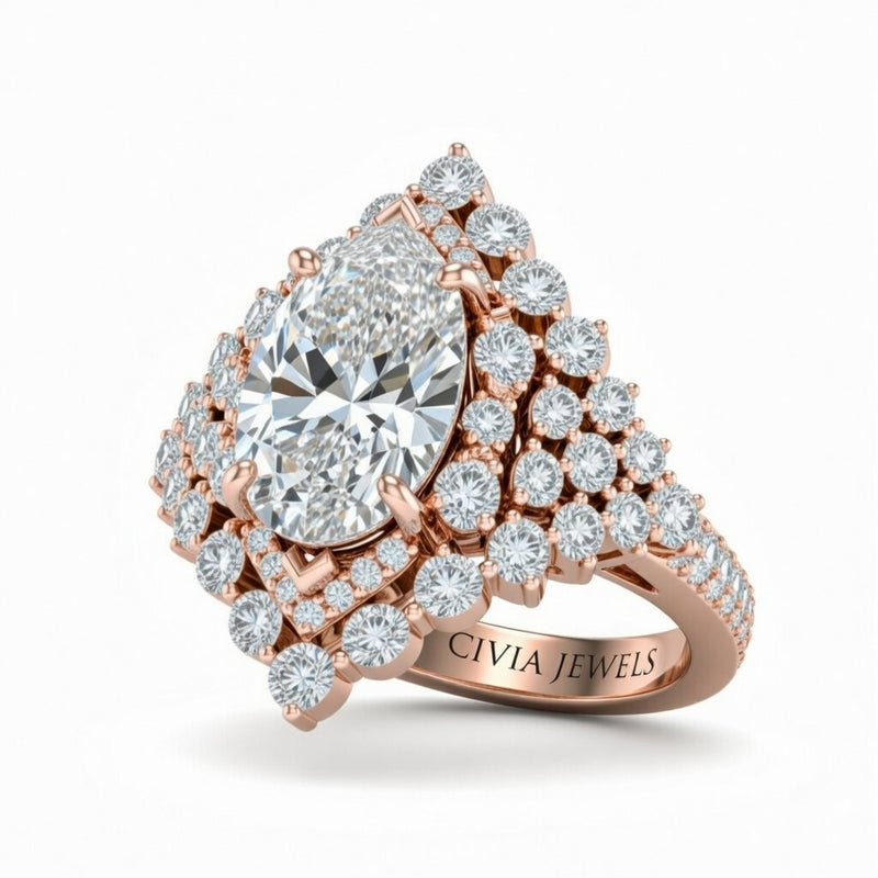 Rose Gold Pear Cut Engagement Ring With Diamond Cluster Sides, Double Halo Frame And Pavé Shank