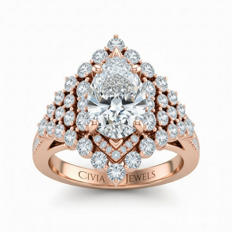 Rose Gold Pear Cut Engagement Ring With Diamond Cluster Sides, Double Halo Frame And Pavé Shank