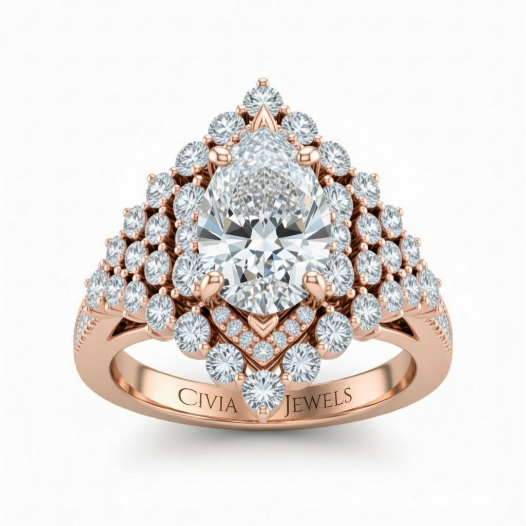 Rose Gold Pear Cut Engagement Ring With Diamond Cluster Sides, Double Halo Frame And Pavé Shank