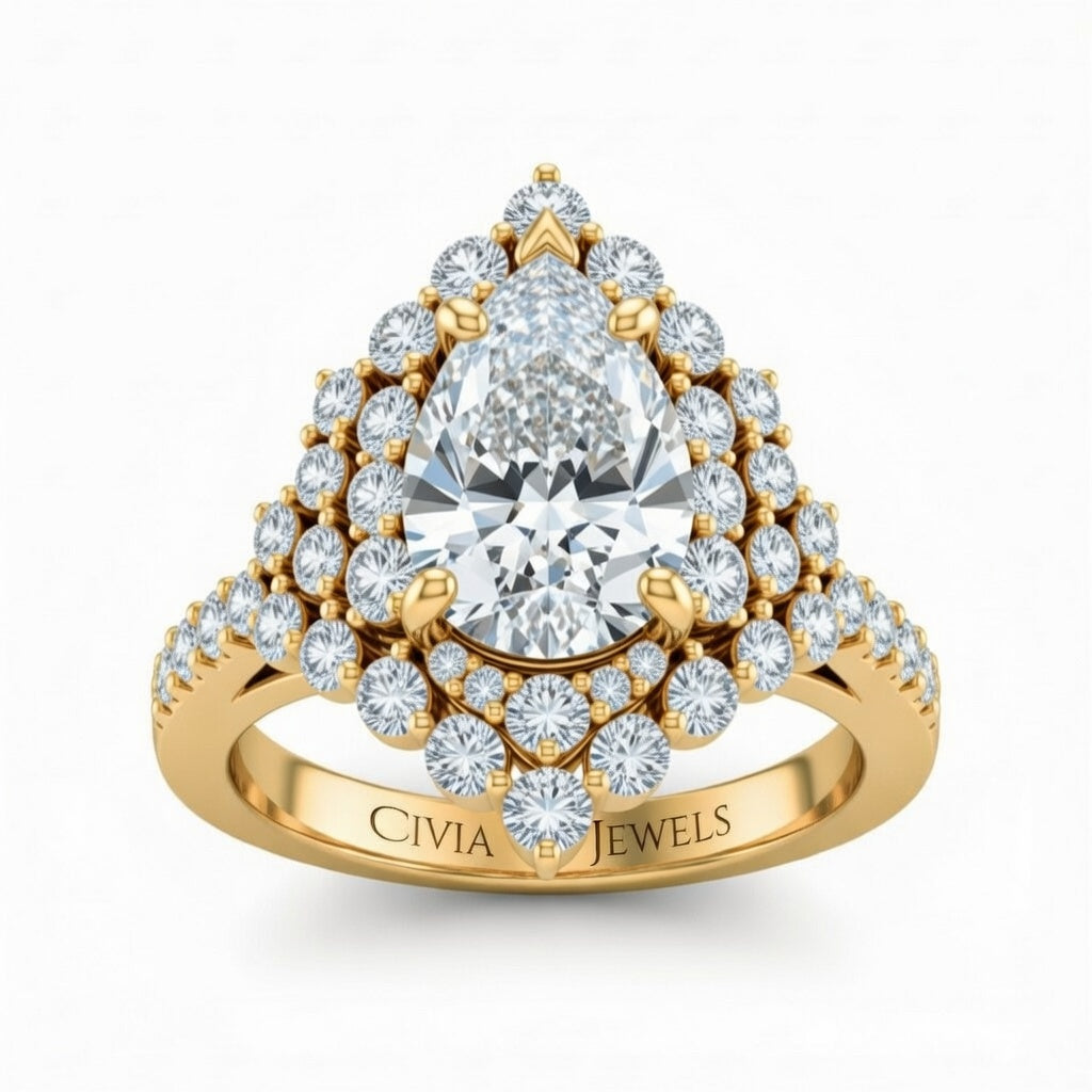 Yellow Gold Pear Cut Engagement Ring With Diamond Cluster Sides, Double Halo Frame And Pavé Shank