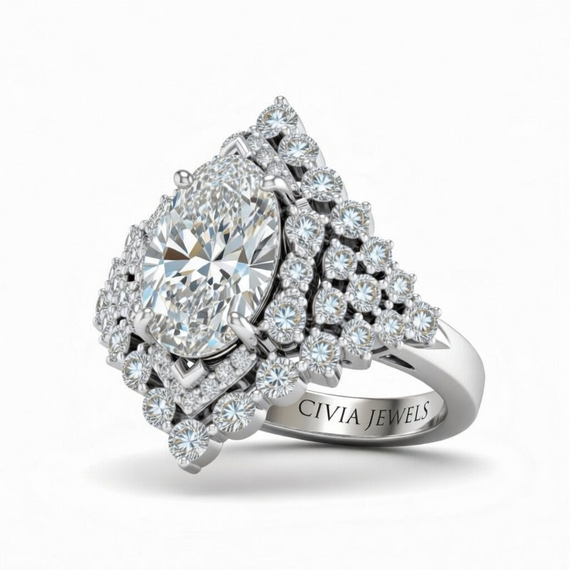 White Gold Pear Cut Engagement Ring With Diamond Cluster Sides, Double Halo Frame And Pavé Shank
