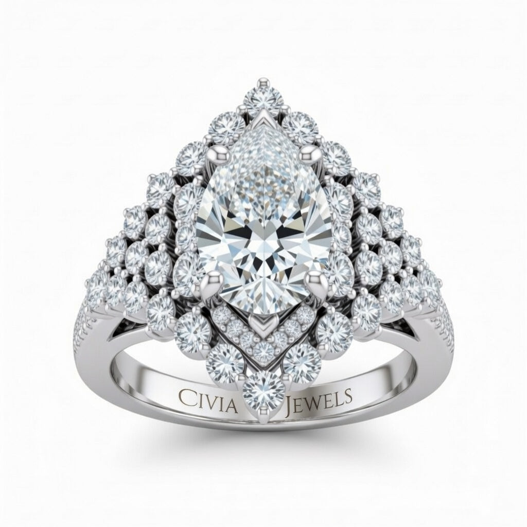 White Gold Pear Cut Engagement Ring With Diamond Cluster Sides, Double Halo Frame And Pavé Shank