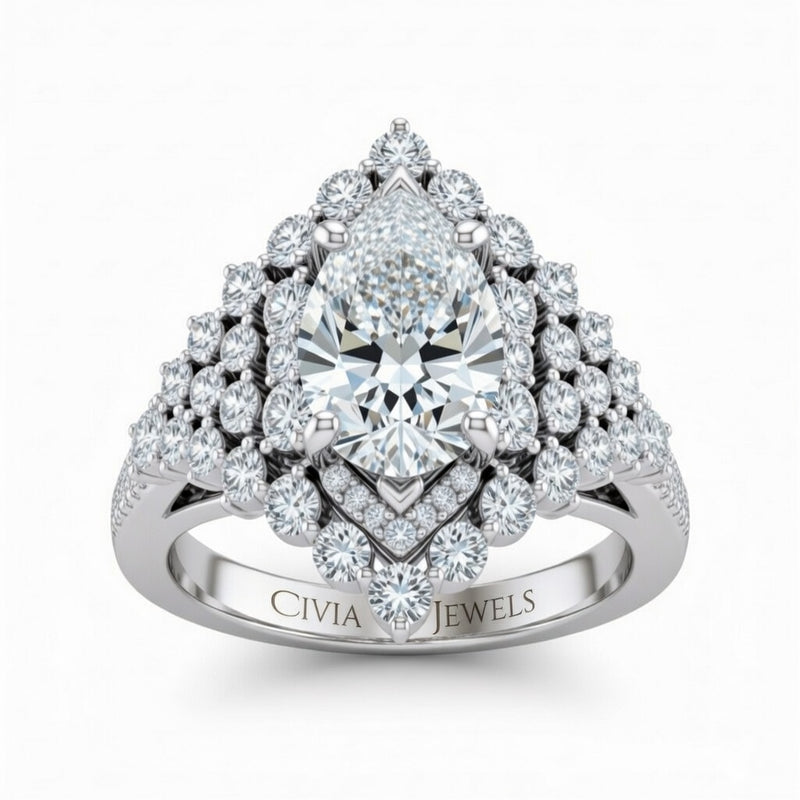 Silver Pear Cut Engagement Ring With Diamond Cluster Sides, Double Halo Frame And Pavé Shank