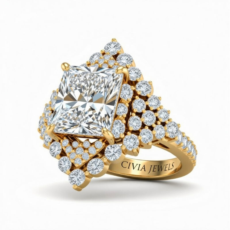 Yellow Gold Princess Cut Engagement Ring With Diamond Cluster Sides, Double Halo Frame And Pavé Shank