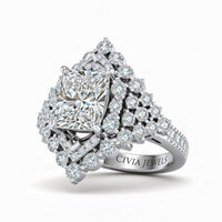 White Gold Princess Cut Engagement Ring With Diamond Cluster Sides, Double Halo Frame And Pavé Shank