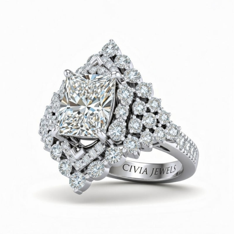 Silver Princess Cut Engagement Ring With Diamond Cluster Sides, Double Halo Frame And Pavé Shank