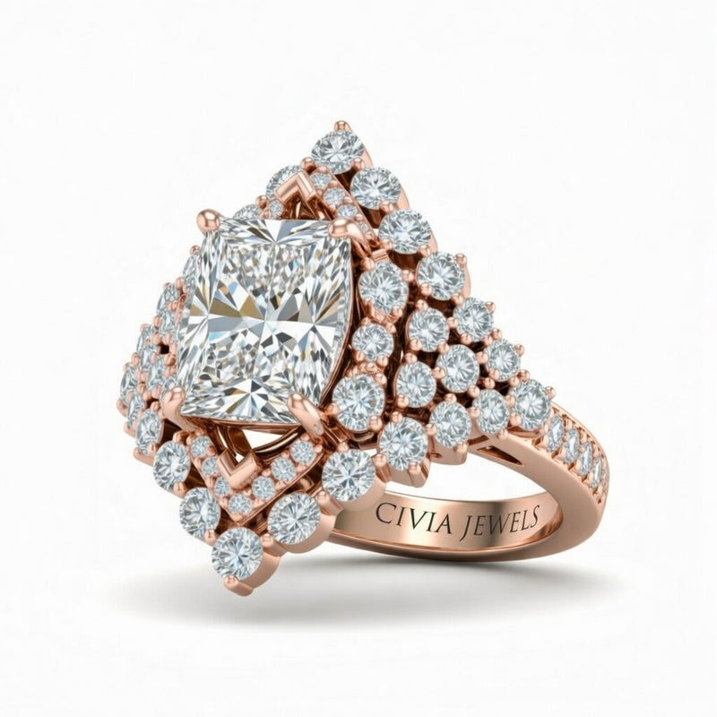 Rose Gold Princess Cut Engagement Ring With Diamond Cluster Sides, Double Halo Frame And Pavé Shank