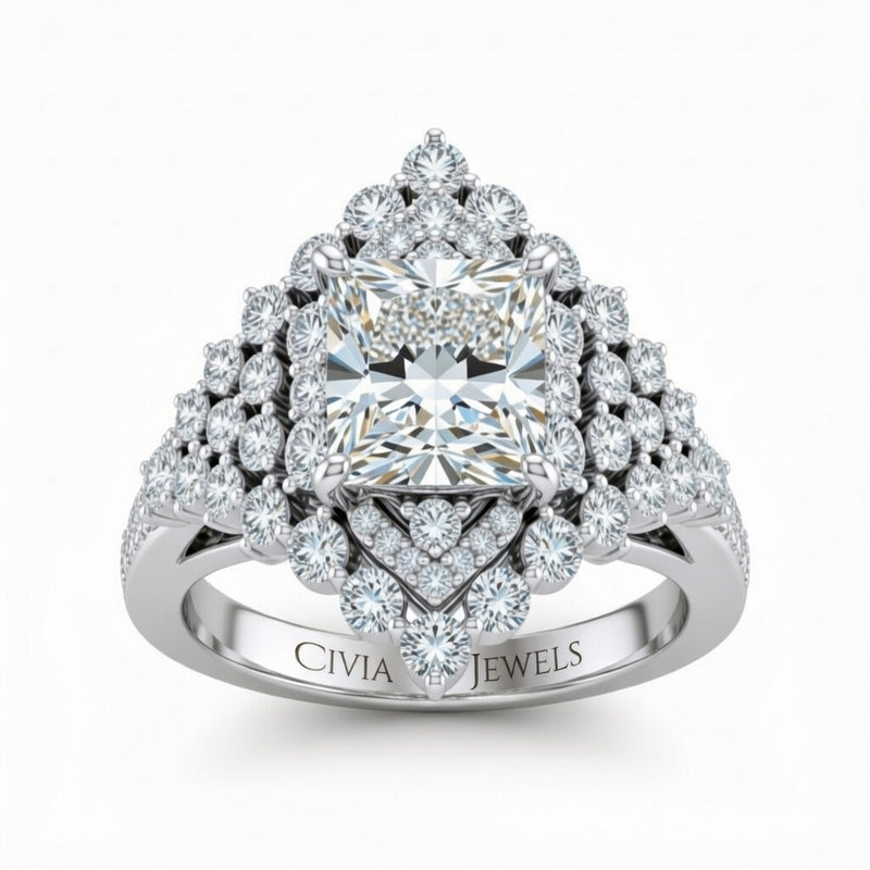 Silver Princess Cut Engagement Ring With Diamond Cluster Sides, Double Halo Frame And Pavé Shank
