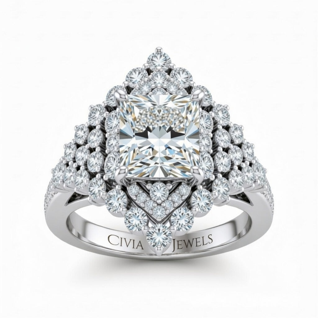 Silver Princess Cut Engagement Ring With Diamond Cluster Sides, Double Halo Frame And Pavé Shank