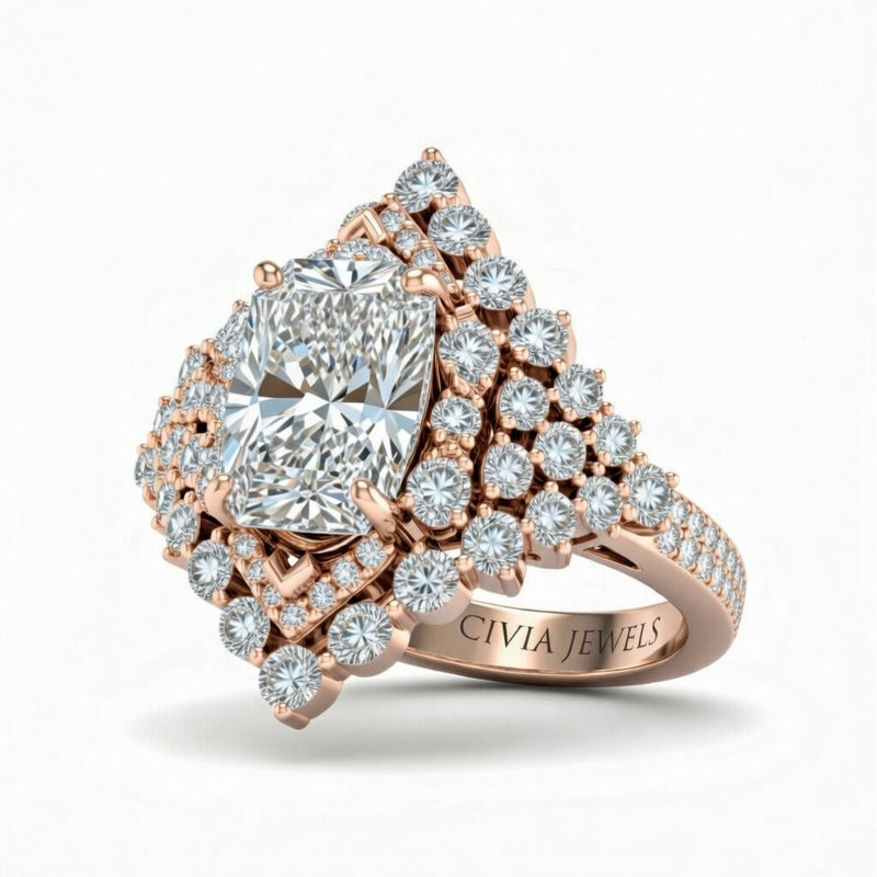Rose Gold Radiant Cut Engagement Ring With Diamond Cluster Sides, Double Halo Frame And Pavé Shank