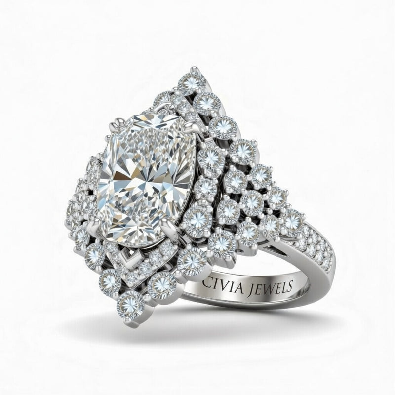 Silver Radiant Cut Engagement Ring With Diamond Cluster Sides, Double Halo Frame And Pavé Shank