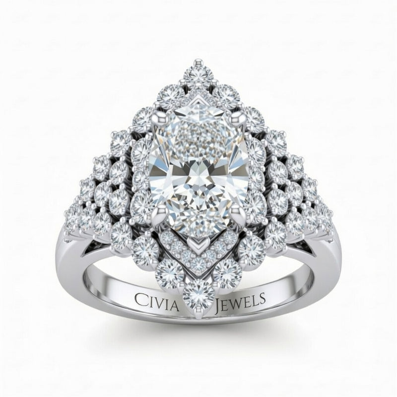 Silver Radiant Cut Engagement Ring With Diamond Cluster Sides, Double Halo Frame And Pavé Shank
