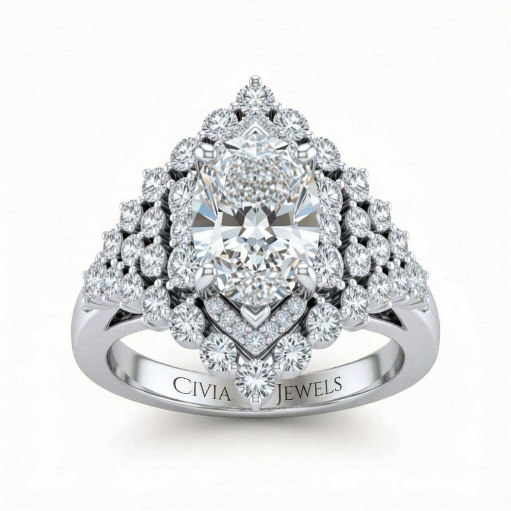 Silver Radiant Cut Engagement Ring With Diamond Cluster Sides, Double Halo Frame And Pavé Shank
