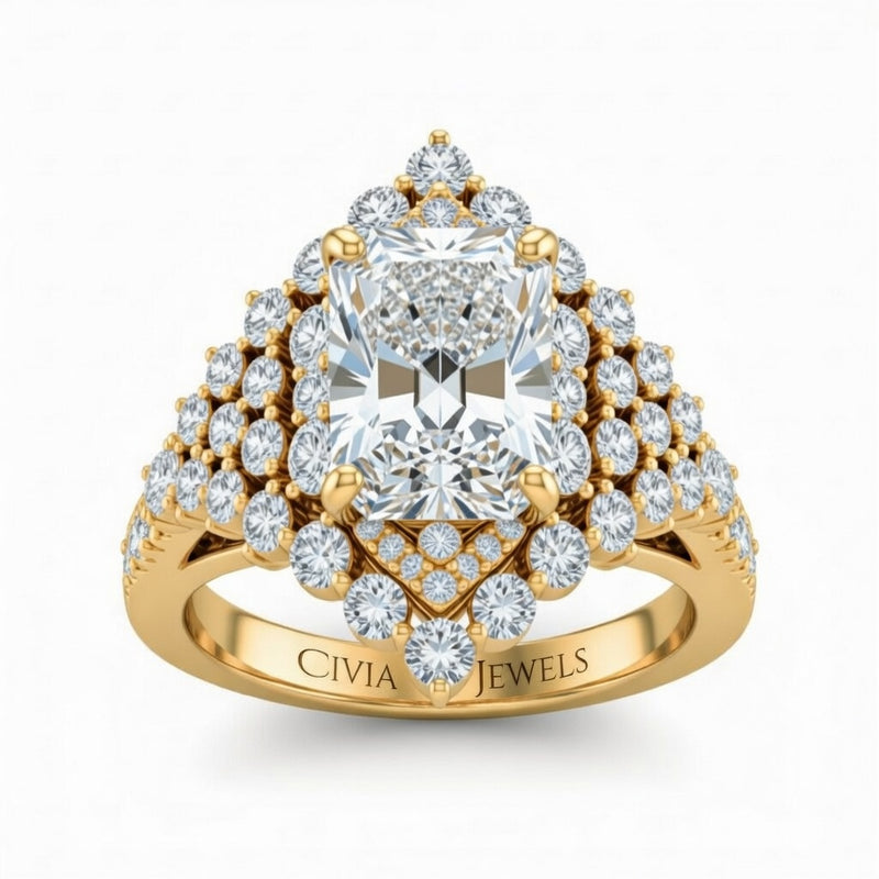Yellow Gold Radiant Cut Engagement Ring With Diamond Cluster Sides, Double Halo Frame And Pavé Shank