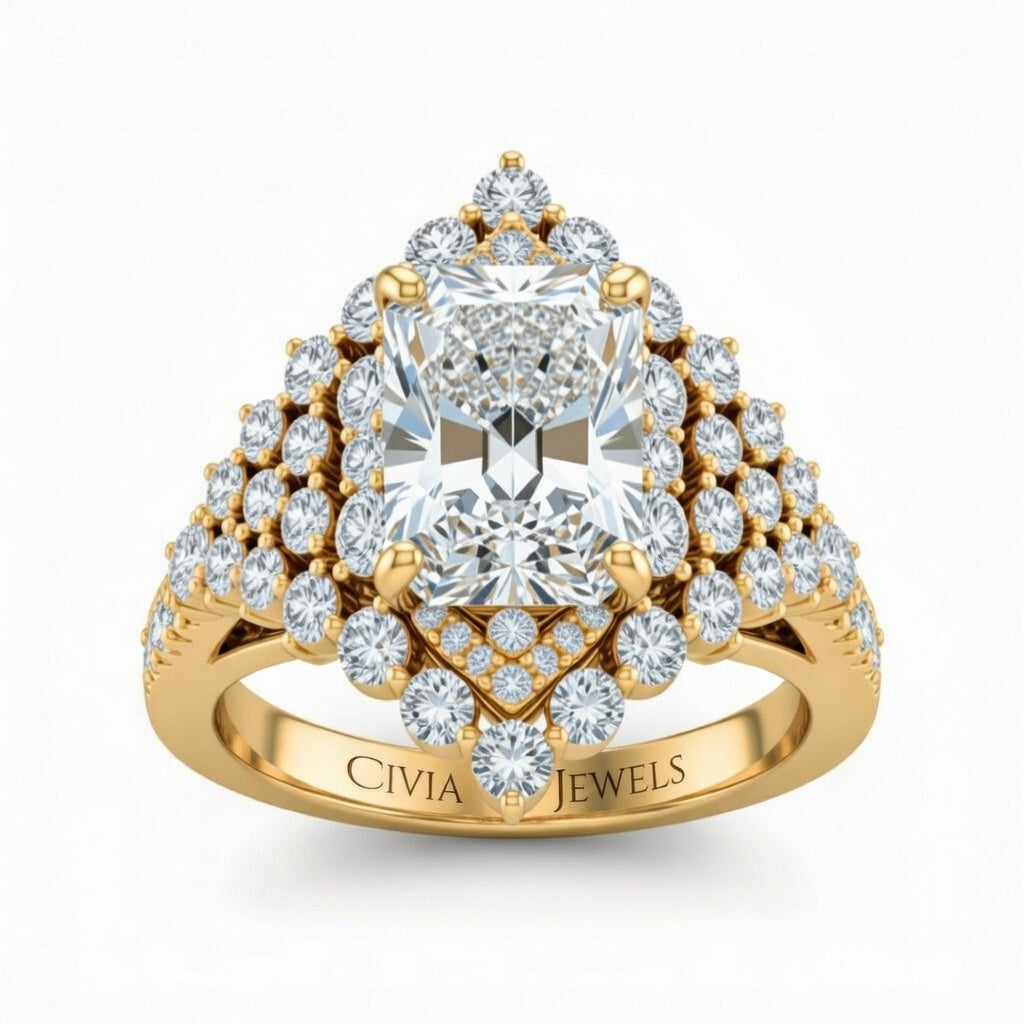 Yellow Gold Radiant Cut Engagement Ring With Diamond Cluster Sides, Double Halo Frame And Pavé Shank