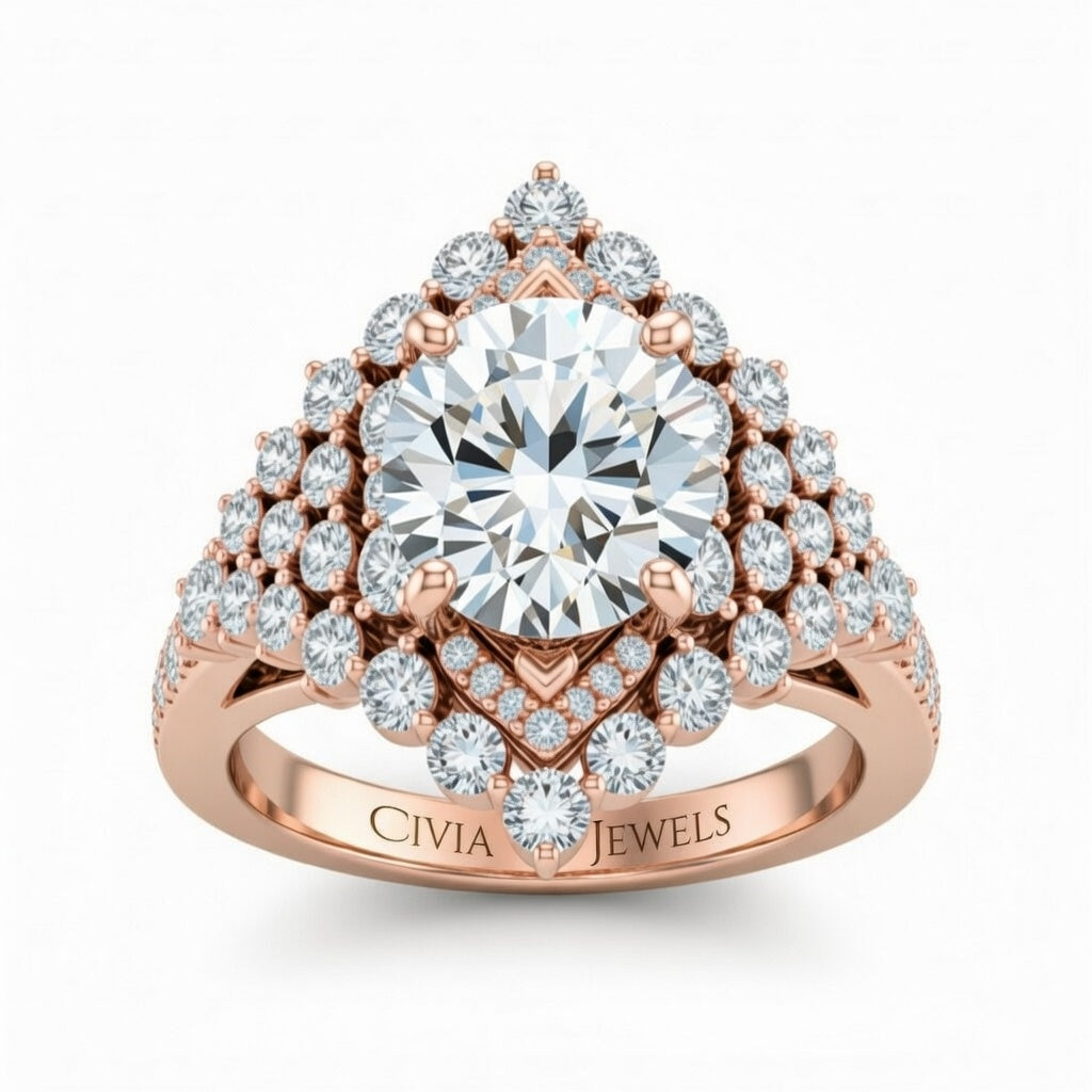 Rose Gold Round Cut Engagement Ring With Diamond Cluster Sides, Double Halo Frame And Pavé Shank