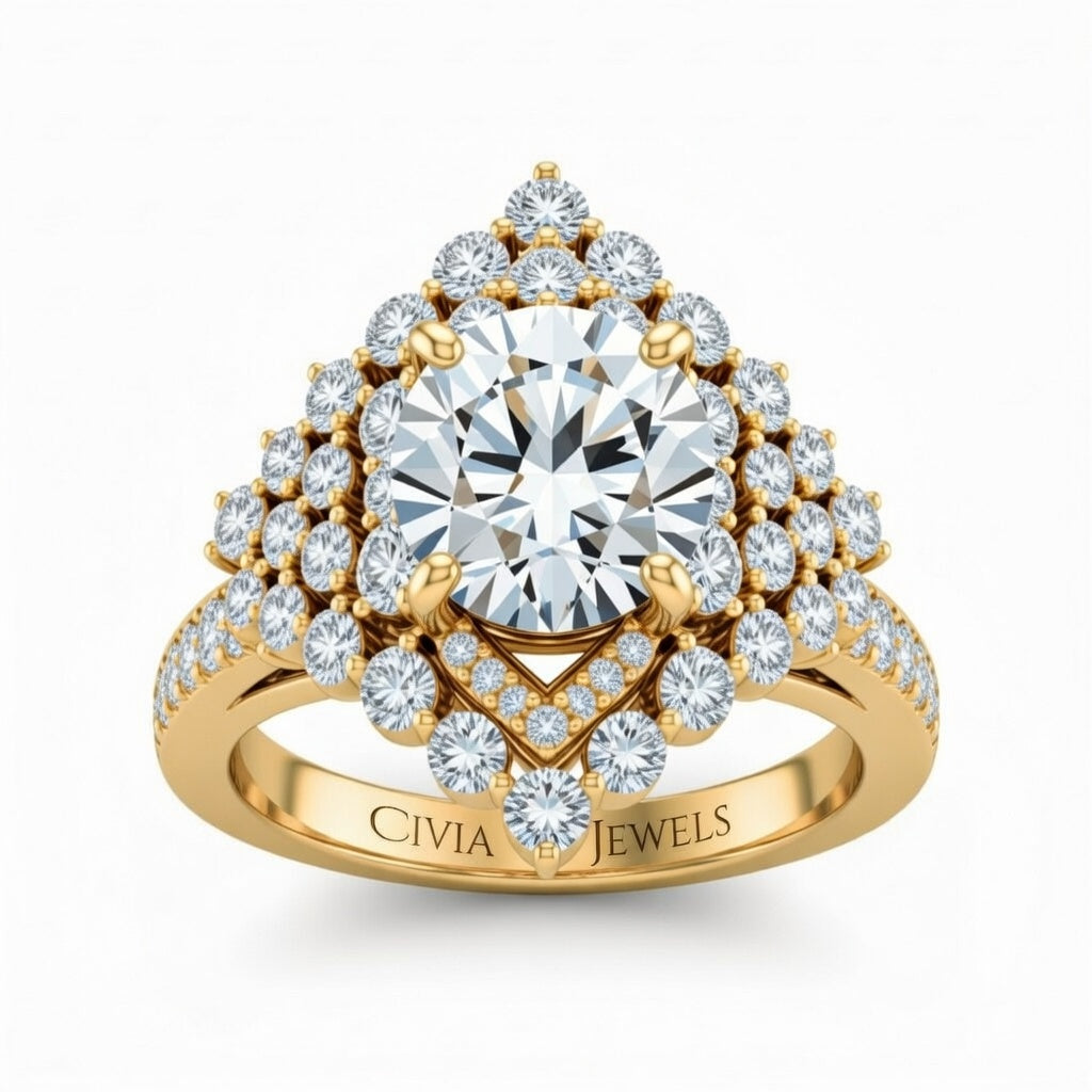 Yellow Gold Round Cut Engagement Ring With Diamond Cluster Sides, Double Halo Frame And Pavé Shank