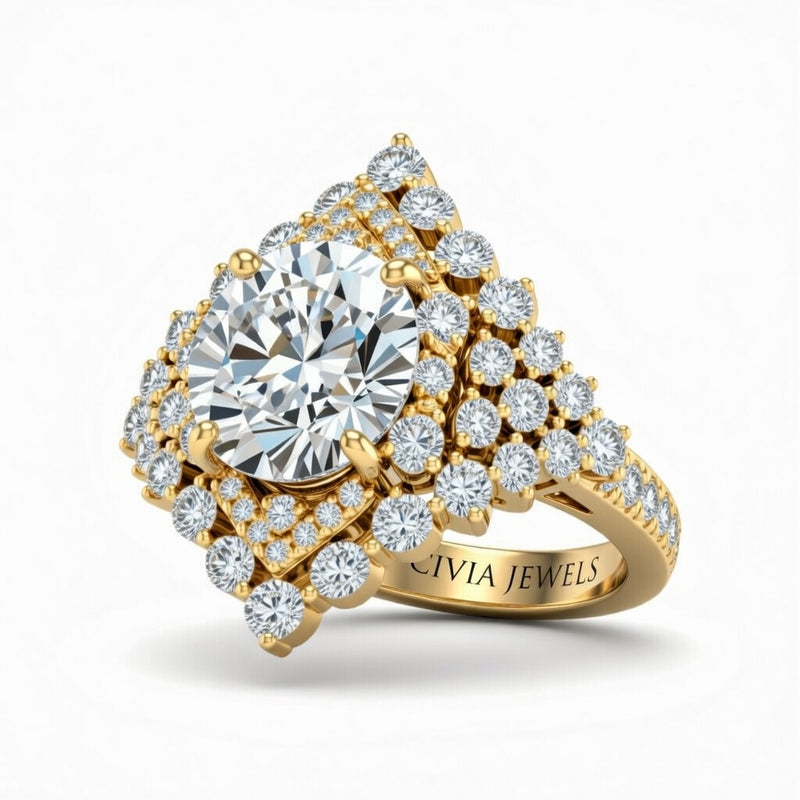 Yellow Gold Round Cut Engagement Ring With Diamond Cluster Sides, Double Halo Frame And Pavé Shank