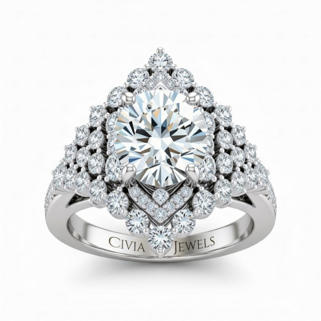 White Gold Round Cut Engagement Ring With Diamond Cluster Sides, Double Halo Frame And Pavé Shank