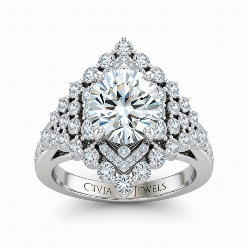 Silver Round Cut Engagement Ring With Diamond Cluster Sides, Double Halo Frame And Pavé Shank