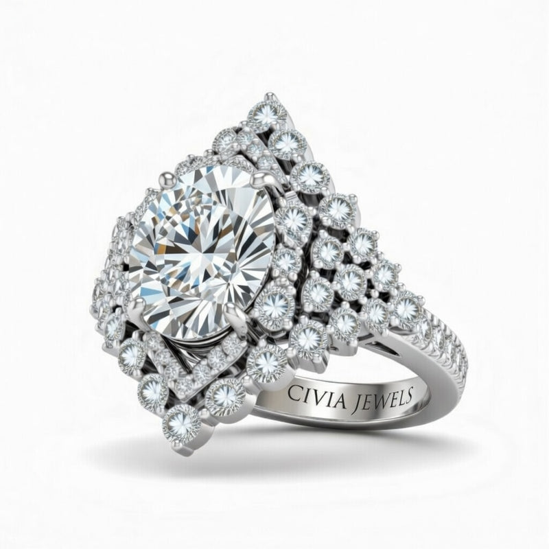 Silver Round Cut Engagement Ring With Diamond Cluster Sides, Double Halo Frame And Pavé Shank
