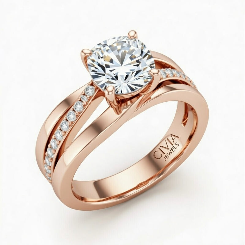 Rose Gold Cushion Brilliant Engagement Ring With Split Bypass Pavé Diamond Shank