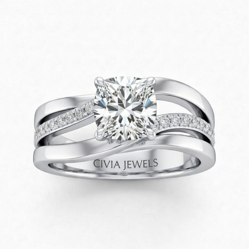 White Gold Cushion Brilliant Engagement Ring With Split Bypass Pavé Diamond Shank