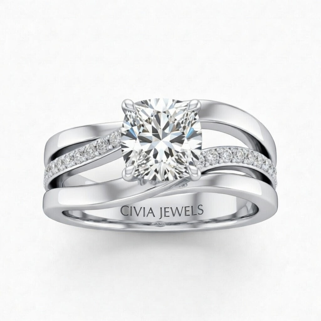 White Gold Cushion Brilliant Engagement Ring With Split Bypass Pavé Diamond Shank