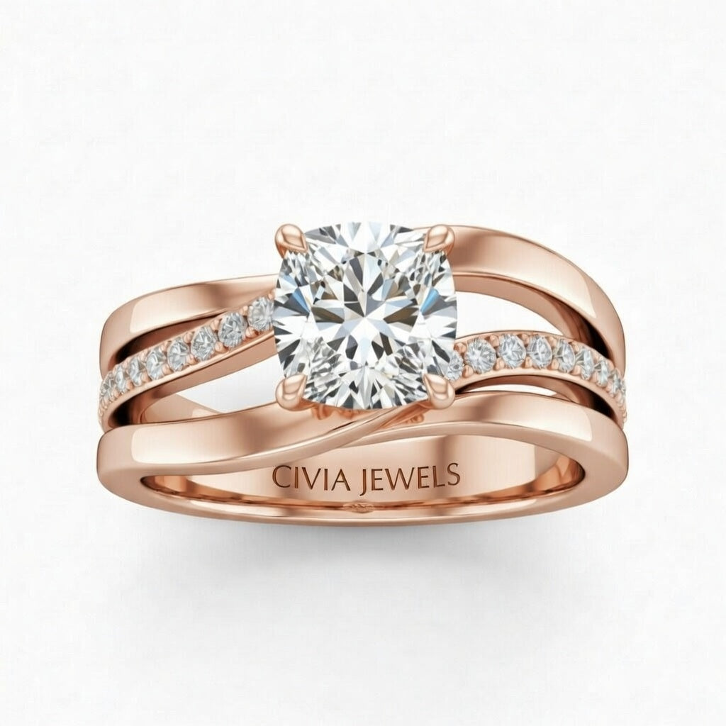 Rose Gold Cushion Brilliant Engagement Ring With Split Bypass Pavé Diamond Shank