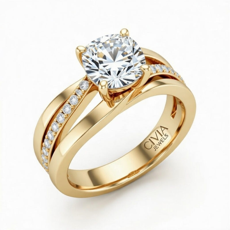 Yellow Gold Cushion Brilliant Engagement Ring With Split Bypass Pavé Diamond Shank