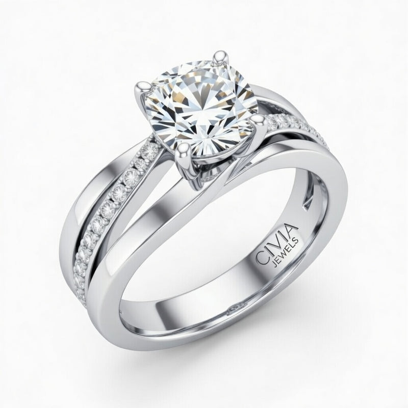 White Gold Cushion Brilliant Engagement Ring With Split Bypass Pavé Diamond Shank