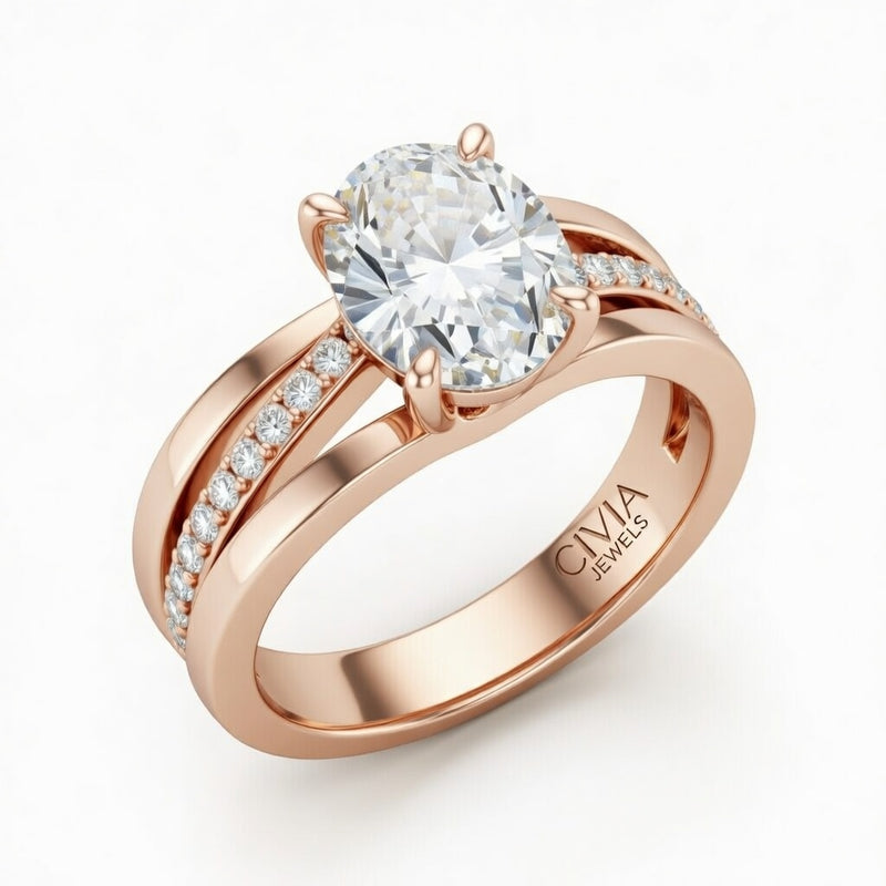 Rose Gold Oval Brilliant Engagement Ring With Split Bypass Pavé Diamond Shank