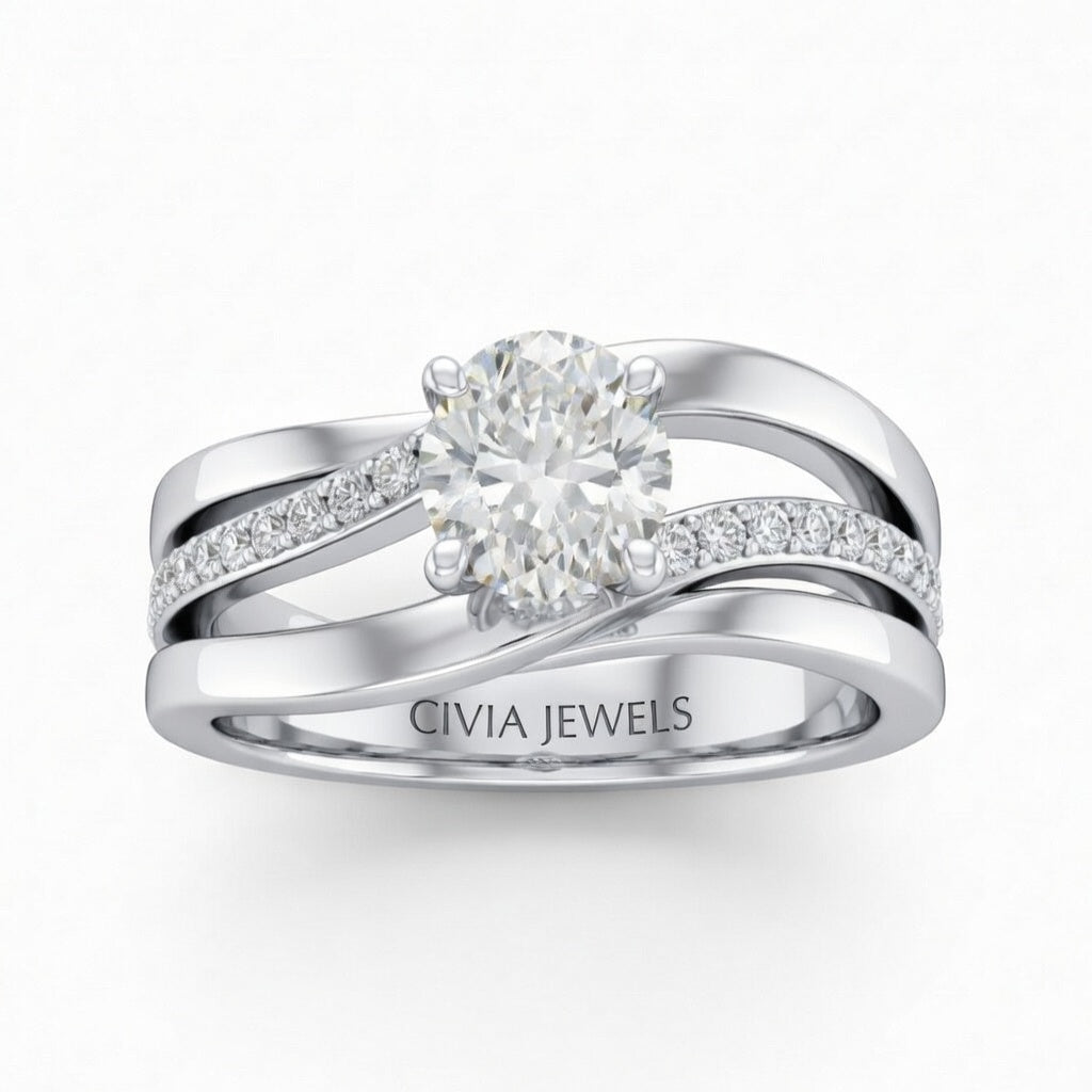 Silver Oval Brilliant Engagement Ring With Split Bypass Pavé Diamond Shank